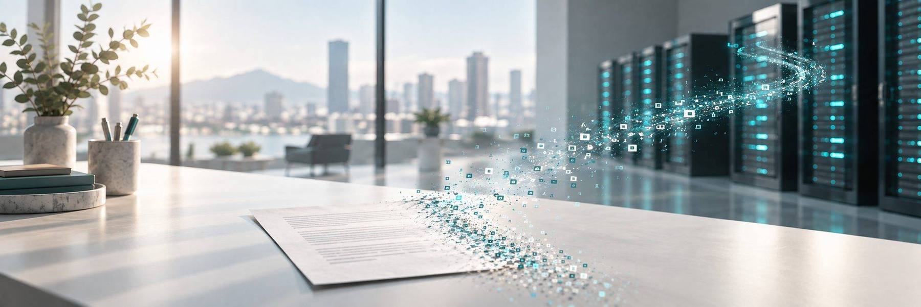 A document dissolving into teal data particles flowing toward server racks